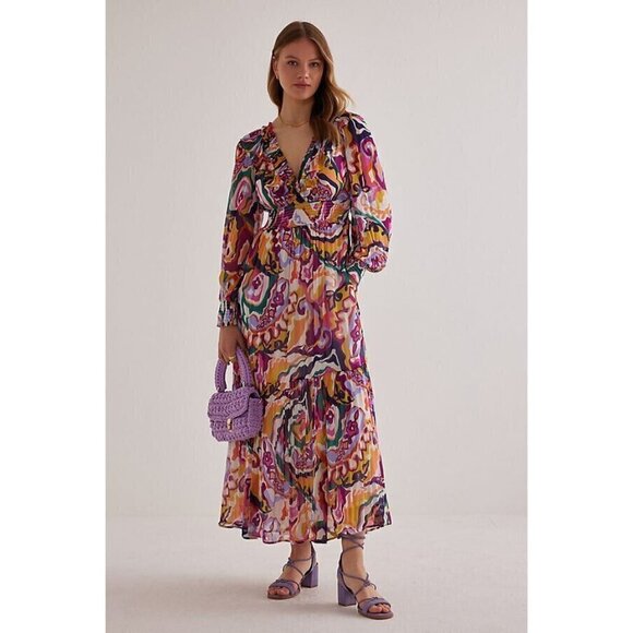 NWT Anthropologie The Odetta Ruffled Maxi Dress XXS V-Neck $198 Long Sleeve - Picture 2 of 13